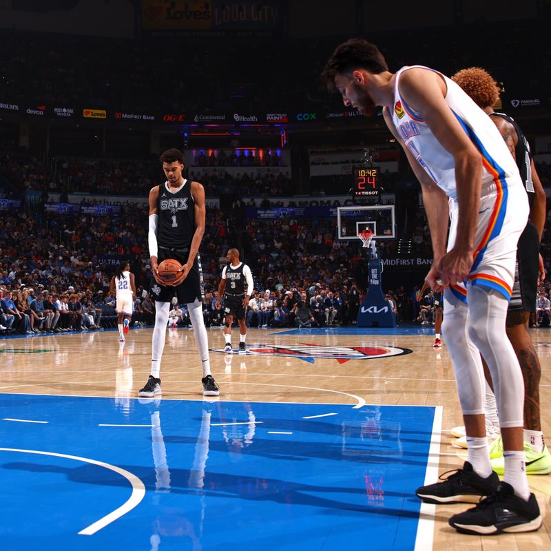 OKLAHOMA CITY, OK - OCTOBER 30: Victor Wembanyama #1 of the San Antonio Spurs prepares to shoot a free throw during the game against the Oklahoma City Thunder on October 30, 2024 at Paycom Arena in Oklahoma City, Oklahoma. NOTE TO USER: User expressly acknowledges and agrees that, by downloading and or using this photograph, User is consenting to the terms and conditions of the Getty Images License Agreement. Mandatory Copyright Notice: Copyright 2024 NBAE (Photo by Zach Beeker/NBAE via Getty Images)
