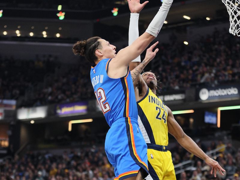 INDIANAPOLIS, INDIANA - MARCH 31:  Lindy Walters III #12 of the Oklahoma City Thunder against Indiana Pacers at Gainbridge Fieldhouse on March 31, 2023 in Indianapolis, Indiana.    NOTE TO USER: User expressly acknowledges and agrees that, by downloading and/or using this photograph, User is consenting to the terms and conditions of the Getty Images License Agreement. (Photo by Andy Lyons/Getty Images)