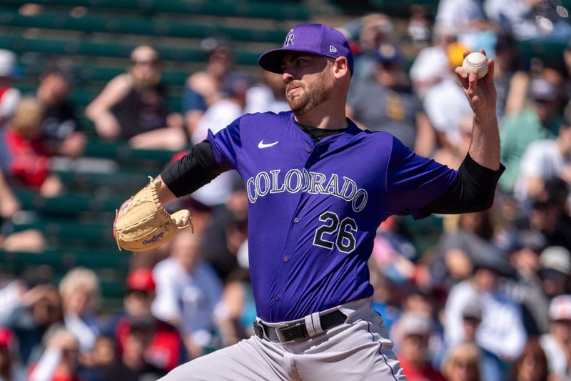 Mar 8, 2024; Tempe, Arizona, USA; Colorado Rockies starting pitcher Austin Gomber (26) on the mound in the first during a spring training game against the Los Angeles Angels at Tempe Diablo Stadium. Mandatory Credit: Allan Henry-USA TODAY Sports