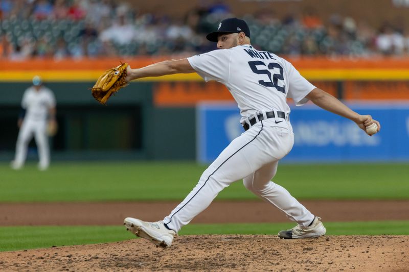 Aug 22, 2023; Detroit, Michigan, USA; Detroit Tigers relief pitcher Brendan White (52) pitches in the fifth inning against the Chicago Cubs at Comerica Park. Mandatory Credit: David Reginek-USA TODAY Sports