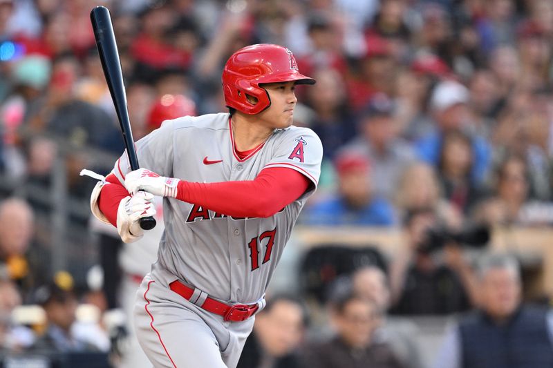 Jul 5, 2023; San Diego, California, USA; Los Angeles Angels designated hitter Shohei Ohtani (17) grounds out against the San Diego Padres during the fifth inning at Petco Park. Mandatory Credit: Orlando Ramirez-USA TODAY Sports