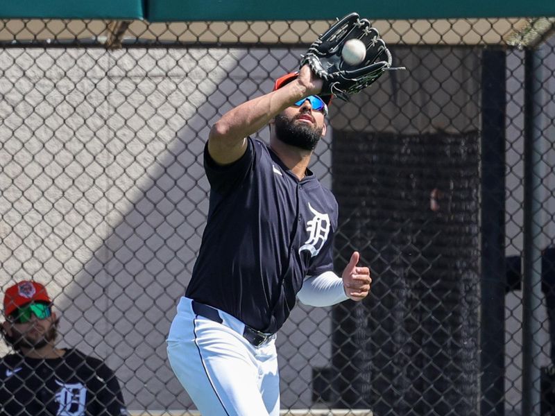 Feb 27, 2024; Lakeland, Florida, USA; Detroit Tigers center fielder Riley Greene (31) catches a fly ball during the first inning against the Toronto Blue Jays at Publix Field at Joker Marchant Stadium. Mandatory Credit: Mike Watters-USA TODAY Sports