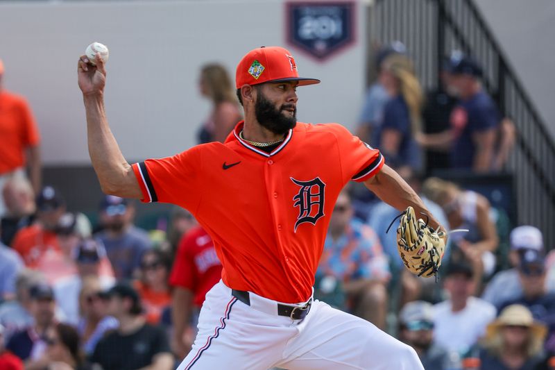 Mar 6, 2026; Lakeland, Florida, USA; Detroit Tigers pitcher Tyler Holton (87) pitches during the first inning against the Boston Red Sox at Publix Field at Joker Marchant Stadium. Mandatory Credit: Mike Watters-Imagn Images
