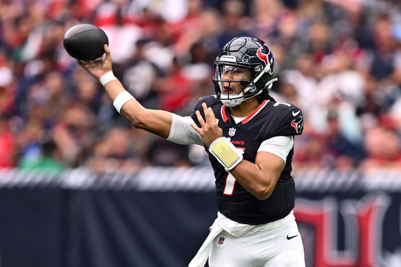 Houston Texans quarterback C.J. Stroud (7) throws a pass in the fourth quarter against the Jacksonville Jaguars during an NFL football game, Sunday, Sept. 29, 2024 in Houston. The Texans defeated the Jaguars 24-20. (AP Photo/Maria Lysaker)