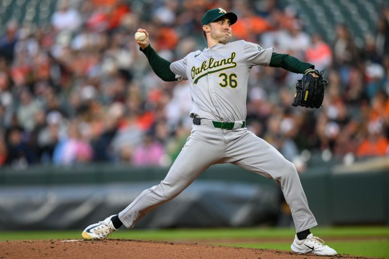 Apr 26, 2024; Baltimore, Maryland, USA; Oakland Athletics pitcher Ross Stripling (36) throws a pitch during the first inning against the Baltimore Orioles at Oriole Park at Camden Yards. Mandatory Credit: Reggie Hildred-USA TODAY Sports