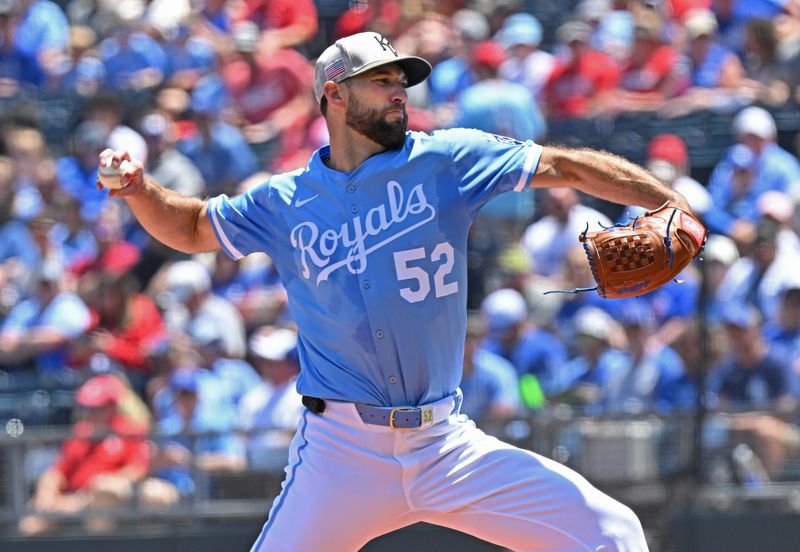 May 18, 2025; Kansas City, Missouri, USA;  Kansas City Royals starting pitcher Michael Wacha (52) throws a pitch in the first inning against the St. Louis Cardinals at Kauffman Stadium. Mandatory Credit: Peter Aiken-Imagn Images