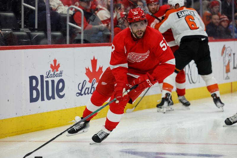 Jan 25, 2024; Detroit, Michigan, USA;  Detroit Red Wings left wing David Perron (57) skates with the puck in the second period against the Philadelphia Flyers at Little Caesars Arena. Mandatory Credit: Rick Osentoski-USA TODAY Sports