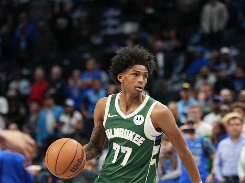 DALLAS, TX - OCTOBER 17: AJ Johnson #77 of the Milwaukee Bucks dribbles the ball during the game against the Dallas Mavericks during a NBA preseason game on October 17, 2024 at American Airlines Center in Dallas, Texas. NOTE TO USER: User expressly acknowledges and agrees that, by downloading and or using this photograph, User is consenting to the terms and conditions of the Getty Images License Agreement. Mandatory Copyright Notice: Copyright 2024 NBAE (Photo by Glenn James/NBAE via Getty Images)