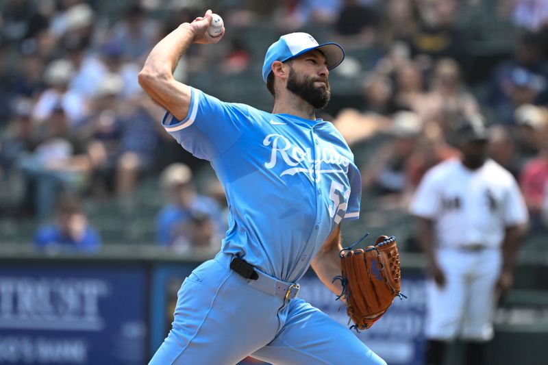 Jun 7, 2025; Chicago, Illinois, USA;  Kansas City Royals starting pitcher Michael Wacha (52) delivers against the Chicago White Sox during the first inning at Rate Field. Mandatory Credit: Matt Marton-Imagn Images