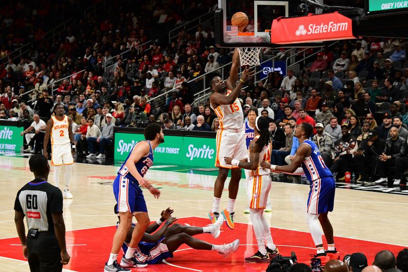 ATLANTA, GA - MARCH 10: Clint Capela #15 of the Atlanta Hawks drives to the basket during the game against the Philadelphia 76ers on March 10, 2025 at State Farm Arena in Atlanta, Georgia.  NOTE TO USER: User expressly acknowledges and agrees that, by downloading and/or using this Photograph, user is consenting to the terms and conditions of the Getty Images License Agreement. Mandatory Copyright Notice: Copyright 2025 NBAE(Photo by Adam Hagy/NBAE via Getty Images)