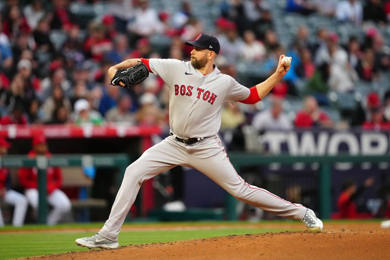 May 24, 2023; Anaheim, California, USA; Boston Red Sox starting pitcher James Paxton (65) delivers a pitch against the Los Angeles Angels in the second inning at Angel Stadium. Mandatory Credit: Kirby Lee-USA TODAY Sports