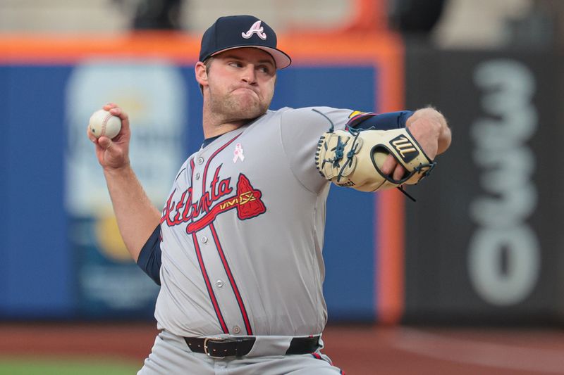 May 12, 2024; New York City, New York, USA; Atlanta Braves starting pitcher Bryce Elder (55) delivers a pitch during the first inning against the New York Mets at Citi Field. Mandatory Credit: Vincent Carchietta-USA TODAY Sports