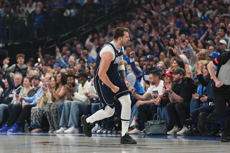 DALLAS, TX - APRIL 28: Luka Doncic #77 of the Dallas Mavericks celebrates during the game against the LA Clippers during Round 1 Game 4 of the 2024 NBA Playoffs on April 28, 2024 at the American Airlines Center in Dallas, Texas. NOTE TO USER: User expressly acknowledges and agrees that, by downloading and or using this photograph, User is consenting to the terms and conditions of the Getty Images License Agreement. Mandatory Copyright Notice: Copyright 2024 NBAE (Photo by Glenn James/NBAE via Getty Images)