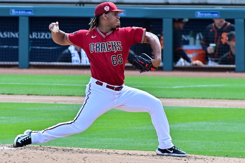 Mar 14, 2023; Salt River Pima-Maricopa, Arizona, USA; Arizona Diamondbacks starting pitcher Luis Frias (65) throws in the second inning against the San Francisco Giants during a Spring Training game at Salt River Fields at Talking Stick. Mandatory Credit: Matt Kartozian-USA TODAY Sports