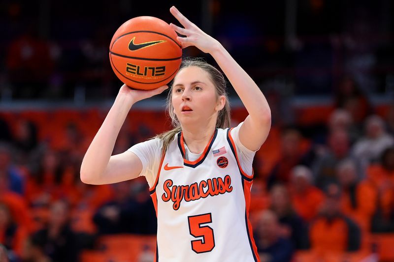 Nov 30, 2023; Syracuse, New York, USA; Syracuse Orange guard Georgia Woolley (5) shoots the ball against the Alabama Crimson Tide during the first half at the JMA Wireless Dome. Mandatory Credit: Rich Barnes-USA TODAY Sports