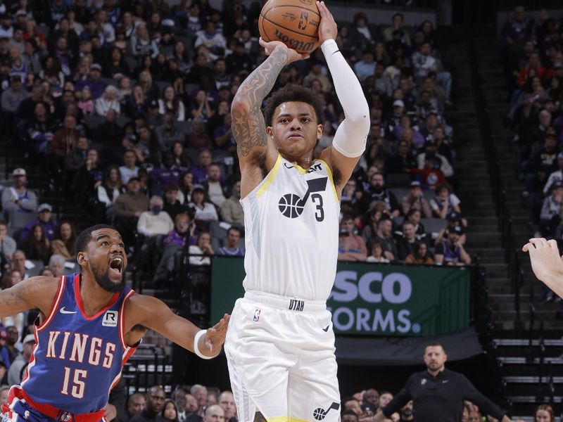 SACRAMENTO, CA - NOVEMBER 16: Keyonte George #3 of the Utah Jazz shootsthe ball during the game against the Sacramento Kings on November 16, 2024 at Golden 1 Center in Sacramento, California. NOTE TO USER: User expressly acknowledges and agrees that, by downloading and or using this Photograph, user is consenting to the terms and conditions of the Getty Images License Agreement. Mandatory Copyright Notice: Copyright 2024 NBAE (Photo by Rocky Widner/NBAE via Getty Images)