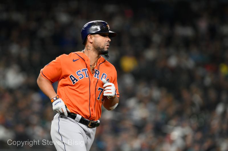 Sep 27, 2023; Seattle, Washington, USA; Houston Astros first baseman Jose Abreu (79) runs towards first base after hitting a single against the Seattle Mariners during the fourth inning at T-Mobile Park. Mandatory Credit: Steven Bisig-USA TODAY Sports