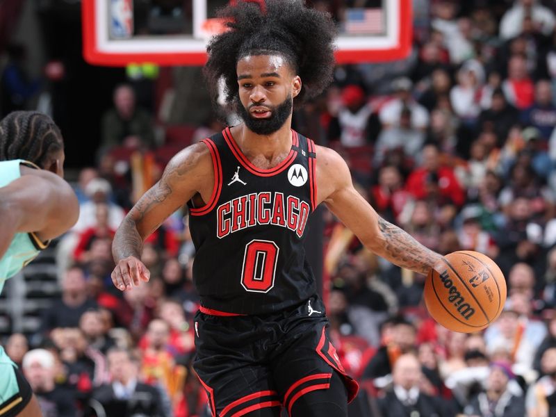 CHICAGO, IL - DECEMBER 13: Coby White #0 of the Chicago Bulls dribbles the ball during the game against the Charlotte Hornets on December 13, 2024 at United Center in Chicago, Illinois. NOTE TO USER: User expressly acknowledges and agrees that, by downloading and or using this photograph, User is consenting to the terms and conditions of the Getty Images License Agreement. Mandatory Copyright Notice: Copyright 2024 NBAE (Photo by Jeff Haynes/NBAE via Getty Images)