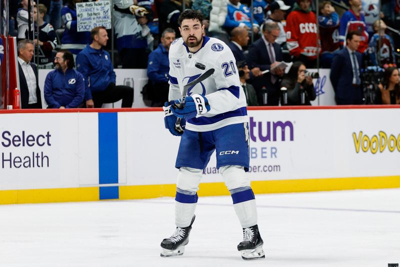 Oct 30, 2024; Denver, Colorado, USA; Tampa Bay Lightning left wing Nick Paul (20) warms up before the game against the Colorado Avalanche at Ball Arena. Mandatory Credit: Isaiah J. Downing-Imagn Images