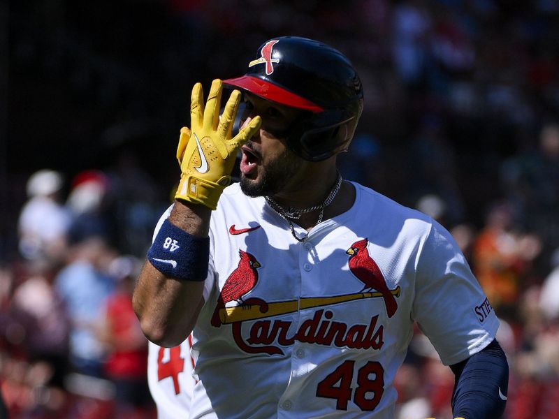 Sep 21, 2025; St. Louis, Missouri, USA; St. Louis Cardinals designated hitter Ivan Herrera (48) reacts after hitting a two run home run against the Milwaukee Brewers during the third inning at Busch Stadium. Mandatory Credit: Jeff Curry-Imagn Images