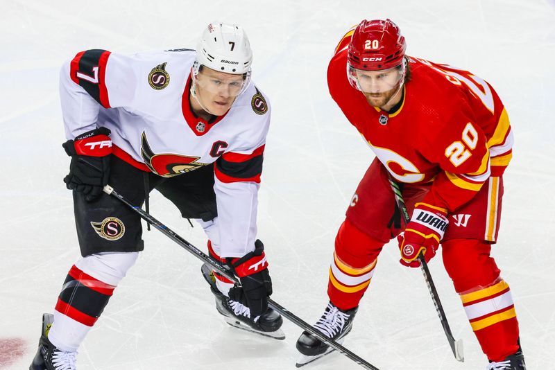 Jan 9, 2024; Calgary, Alberta, CAN; Ottawa Senators left wing Brady Tkachuk (7) and Calgary Flames center Blake Coleman (20) during the face off during the first period at Scotiabank Saddledome. Mandatory Credit: Sergei Belski-USA TODAY Sports