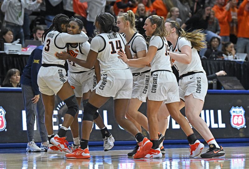 Mar 10, 2023; Kansas City, MO, USA;  Oklahoma State Cowgirls guard Terryn Milton (21) reacts with her teammates after scoring the winning basket during the second half at Municipal Auditorium. Mandatory Credit: Peter Aiken-USA TODAY Sports