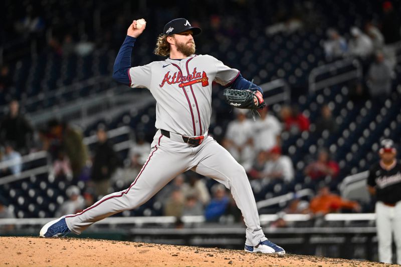 May 22, 2025; Washington, District of Columbia, USA; Atlanta Braves pitcher Pierce Johnson (38) throws to the Washington Nationals during the seventh inning at Nationals Park. Mandatory Credit: Brad Mills-Imagn Images