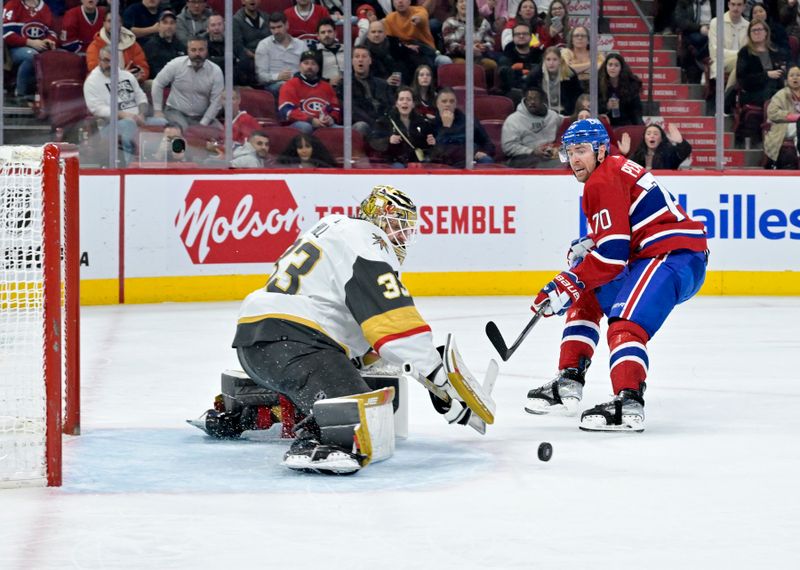 Nov 16, 2023; Montreal, Quebec, CAN; Vegas Golden Knights goalie Adin Hill (33) stops Montreal Canadiens forward Tanner Pearson (70) during the second period at the Bell Centre. Mandatory Credit: Eric Bolte-USA TODAY Sports