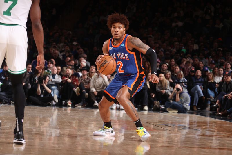 NEW YORK, NY - FEBRUARY 24: Miles McBride #2 of the New York Knicks dribbles the ball during the game against the Boston Celtics on February 24, 2024 at Madison Square Garden in New York City, New York.  NOTE TO USER: User expressly acknowledges and agrees that, by downloading and or using this photograph, User is consenting to the terms and conditions of the Getty Images License Agreement. Mandatory Copyright Notice: Copyright 2024 NBAE  (Photo by Nathaniel S. Butler/NBAE via Getty Images)