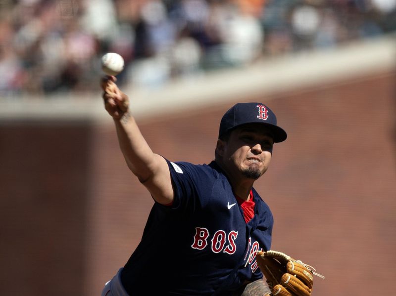 Jul 30, 2023; San Francisco, California, USA; Boston Red Sox pitcher Mauricio Llovera (68) delivers a pitch against the San Francisco Giants during the 11th inning at Oracle Park. Mandatory Credit: D. Ross Cameron-USA TODAY Sports