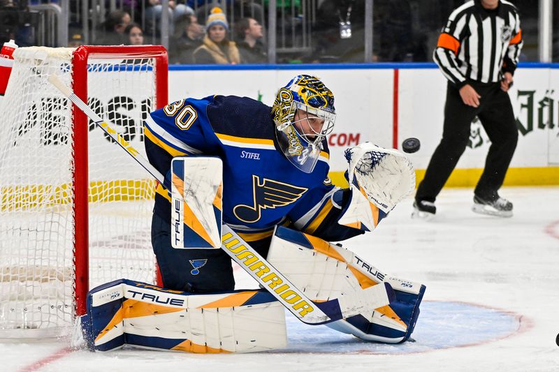 Dec 27, 2023; St. Louis, Missouri, USA;  St. Louis Blues goaltender Joel Hofer (30) defends the net against the Dallas Stars during the first period at Enterprise Center. Mandatory Credit: Jeff Curry-USA TODAY Sports