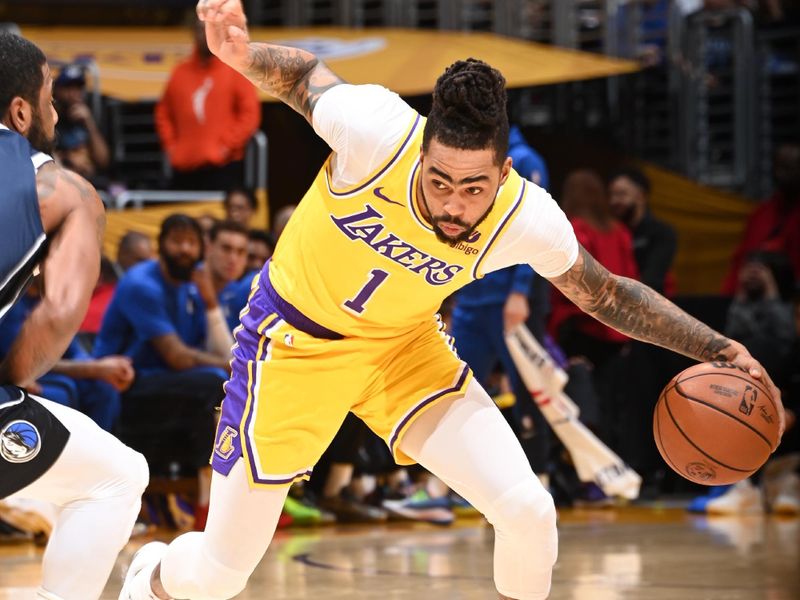 LOS ANGELES, CA - JANUARY 17:  D'Angelo Russell #1 of the Los Angeles Lakers goes to the basket during the game on January 17, 2024 at Crypto.Com Arena in Los Angeles, California. NOTE TO USER: User expressly acknowledges and agrees that, by downloading and/or using this Photograph, user is consenting to the terms and conditions of the Getty Images License Agreement. Mandatory Copyright Notice: Copyright 2024 NBAE (Photo by Andrew D. Bernstein/NBAE via Getty Images)