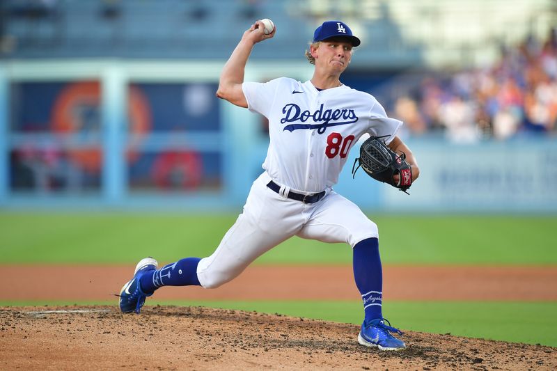 Jul 29, 2023; Los Angeles, California, USA; Los Angeles Dodgers starting pitcher Emmet Sheehan (80) throws against the Cincinnati Reds fourth inning at Dodger Stadium. Mandatory Credit: Gary A. Vasquez-USA TODAY Sports