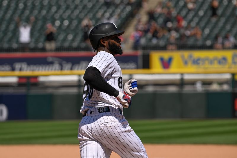 Jul 10, 2024; Chicago, Illinois, USA;  Chicago White Sox outfielder Luis Robert Jr. (88) runs the bases after hitting a two-run home run against the Minnesota Twins during the sixth inning at Guaranteed Rate Field. Mandatory Credit: Matt Marton-USA TODAY Sports