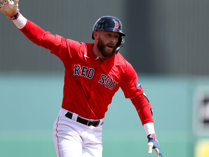 Mar 17, 2024; Fort Myers, Florida, USA;  Boston Red Sox shortstop Trevor Story (10) runs the bases after hitting a three-run home run against the New York Yankees in the first inning at JetBlue Park at Fenway South. Mandatory Credit: Nathan Ray Seebeck-USA TODAY Sports