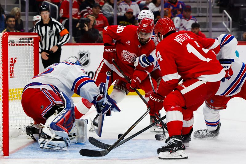 Oct 17, 2024; Detroit, Michigan, USA;  New York Rangers goaltender Jonathan Quick (32) makes a save on Detroit Red Wings center Joe Veleno (90) in the second period at Little Caesars Arena. Mandatory Credit: Rick Osentoski-Imagn Images