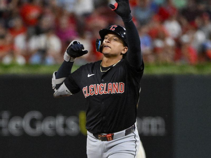 Sep 21, 2024; St. Louis, Missouri, USA;  Cleveland Guardians catcher Bo Naylor (23) reacts as he runs the bases after hitting a solo home run against the St. Louis Cardinals during the fifth inning at Busch Stadium. Mandatory Credit: Jeff Curry-Imagn Images
