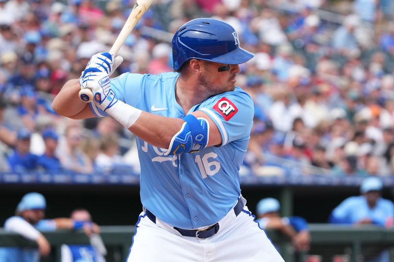 Mar 6, 2024; Surprise, Arizona, USA; Kansas City Royals right fielder Hunter Renfroe (16) bats against the Seattle Mariners during the third inning at Surprise Stadium. Mandatory Credit: Joe Camporeale-USA TODAY Sports