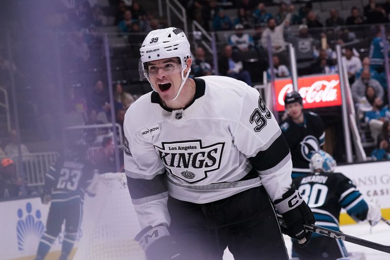 Oct 28, 2025; San Jose, California, USA; Los Angeles Kings left winger Jeff Malott (39) celebrates after scoring a goal against the San Jose Sharks in the second period at SAP Center at San Jose. Mandatory Credit: David Gonzales-Imagn Images