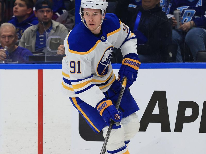 Feb 3, 2026; Tampa, Florida, USA; Buffalo Sabres right wing Josh Doan (91) skates with the puck against the Tampa Bay Lightning during the first period at Benchmark International Arena. Mandatory Credit: Kim Klement Neitzel-Imagn Images