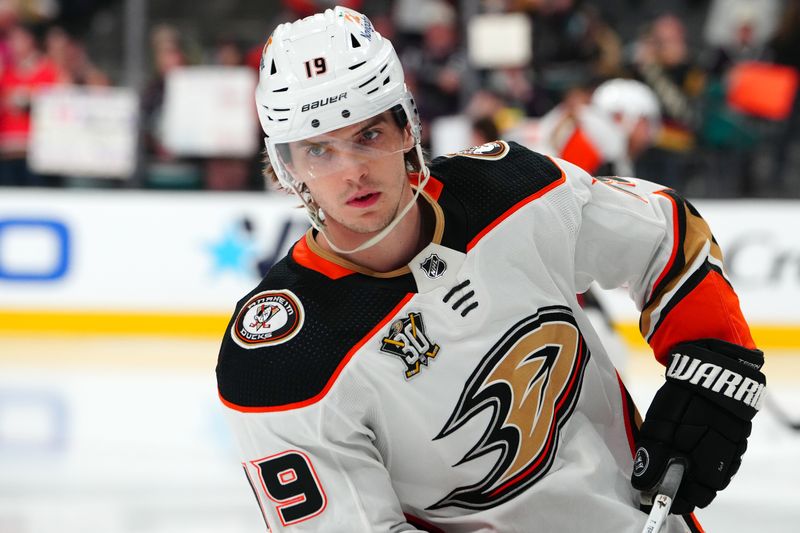 Apr 18, 2024; Las Vegas, Nevada, USA; Anaheim Ducks right wing Troy Terry (19) warms up before the start of a game against the Vegas Golden Knights at T-Mobile Arena. Mandatory Credit: Stephen R. Sylvanie-USA TODAY Sports