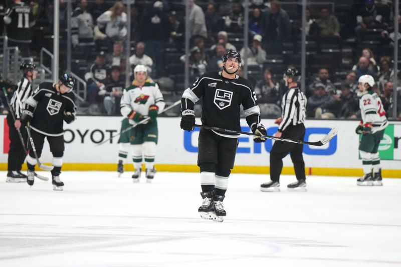 Apr 15, 2024; Los Angeles, California, USA; LA Kings left wing Kevin Fiala (22) reacts at the end of the game against the Minnesota Wild at Crypto.com Arena. Mandatory Credit: Kirby Lee-USA TODAY Sports