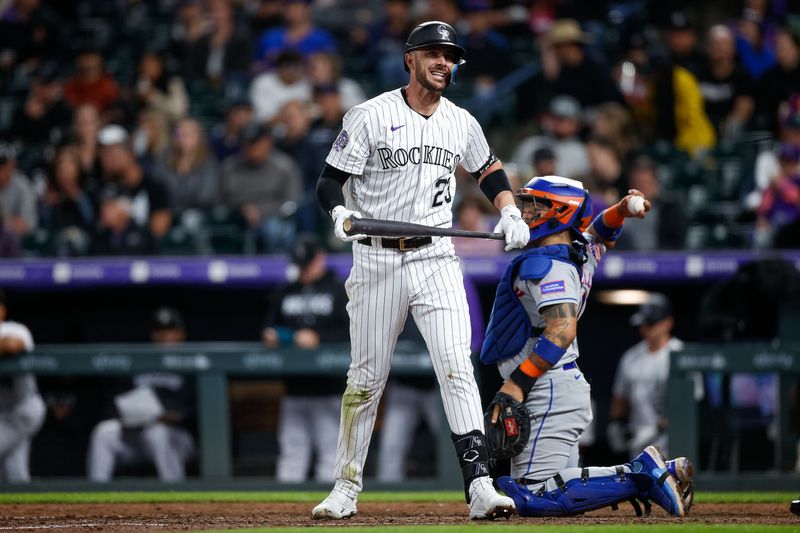 May 26, 2023; Denver, Colorado, USA; Colorado Rockies right fielder Kris Bryant (23) reacts after a strike in the eighth inning against the New York Mets at Coors Field. Mandatory Credit: Isaiah J. Downing-USA TODAY Sports