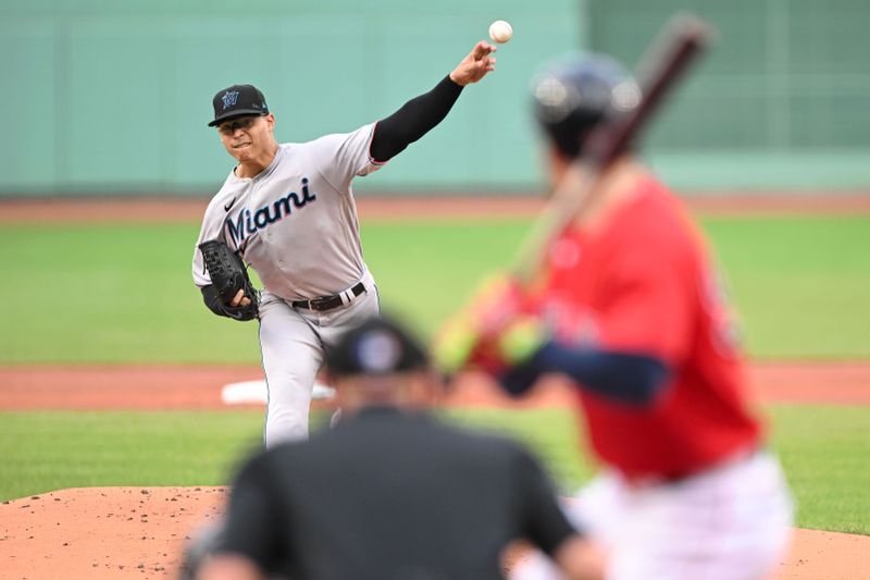 Jun 29, 2023; Boston, Massachusetts, USA; Miami Marlins starting pitcher Jesus Luzardo (44) pitches against the Boston Red Sox during the first inning at Fenway Park. Mandatory Credit: Brian Fluharty-USA TODAY Sports