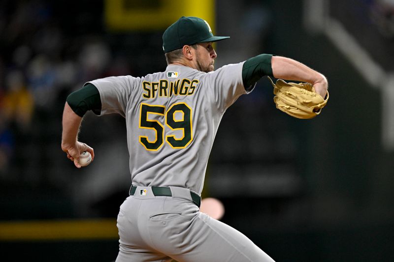 May 1, 2025; Arlington, Texas, USA; Athletics starting pitcher Jeffrey Springs (59) pitches against the Texas Rangers during the first inning at Globe Life Field. Mandatory Credit: Jerome Miron-Imagn Images
