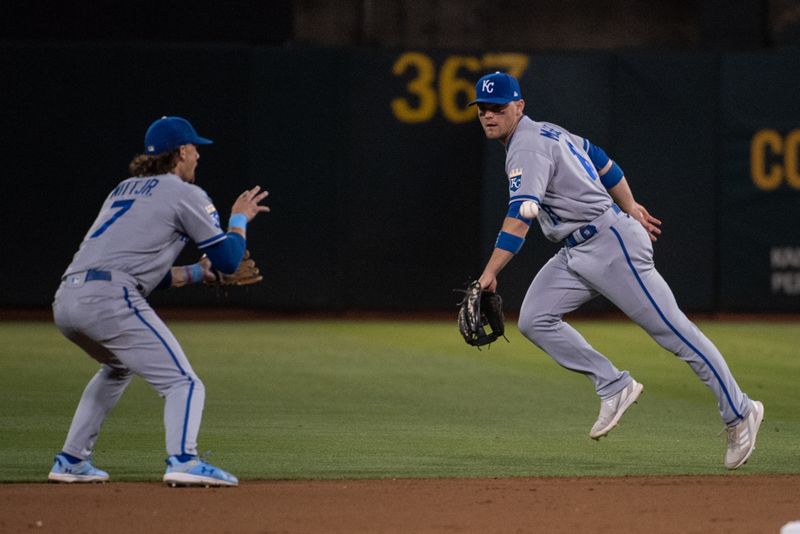 Aug 22, 2023; Oakland, California, USA; Kansas City Royals second baseman Michael Massey (19) flips the ball to shortstop Bobby Witt Jr. (7) during the seventh inning against the Oakland Athletics at Oakland-Alameda County Coliseum. Mandatory Credit: Ed Szczepanski-USA TODAY Sports