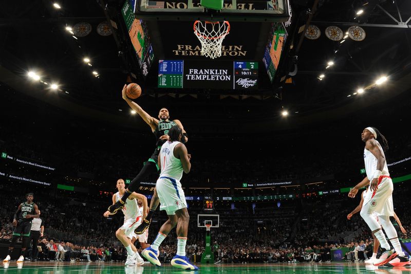 BOSTON, MA - JANUARY 27: Jayson Tatum #0 of the Boston Celtics drives to the basket during the game against the LA Clippers on January 27, 2024 at the TD Garden in Boston, Massachusetts. NOTE TO USER: User expressly acknowledges and agrees that, by downloading and or using this photograph, User is consenting to the terms and conditions of the Getty Images License Agreement. Mandatory Copyright Notice: Copyright 2024 NBAE  (Photo by Brian Babineau/NBAE via Getty Images)