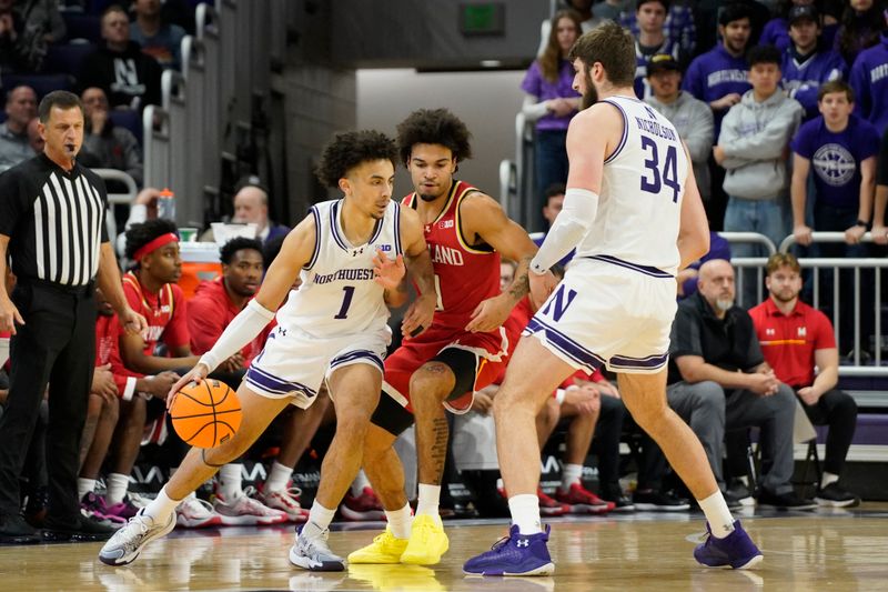 Jan 16, 2025; Evanston, Illinois, USA; Maryland Terrapins Donald Carey (0) defends Northwestern Wildcats guard Jalen Leach (1) during the first half at Welsh-Ryan Arena. Mandatory Credit: David Banks-Imagn Images