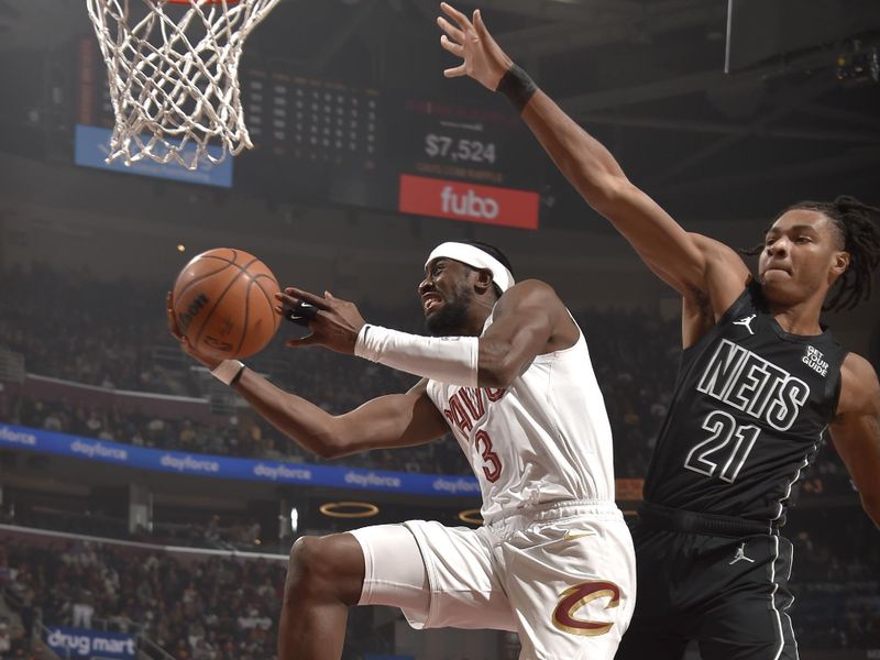 CLEVELAND, OH - NOVEMBER 9: Caris LeVert #3 of the Cleveland Cavaliers drives to the basket during the game against the Brooklyn Nets on November 9, 2024 at Rocket Mortgage FieldHouse in Cleveland, Ohio. NOTE TO USER: User expressly acknowledges and agrees that, by downloading and/or using this Photograph, user is consenting to the terms and conditions of the Getty Images License Agreement. Mandatory Copyright Notice: Copyright 2024 NBAE (Photo by David Liam Kyle/NBAE via Getty Images)