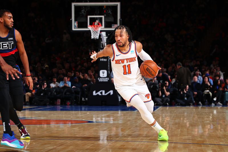 NEW YORK, NY - MARCH 25:  Jalen Brunson #11 of the New York Knicks drives to the basket during the game against the Detroit Pistons on March 25, 2024 at Madison Square Garden in New York City, New York.  NOTE TO USER: User expressly acknowledges and agrees that, by downloading and or using this photograph, User is consenting to the terms and conditions of the Getty Images License Agreement. Mandatory Copyright Notice: Copyright 2024 NBAE  (Photo by David L. Nemec /NBAE via Getty Images)
